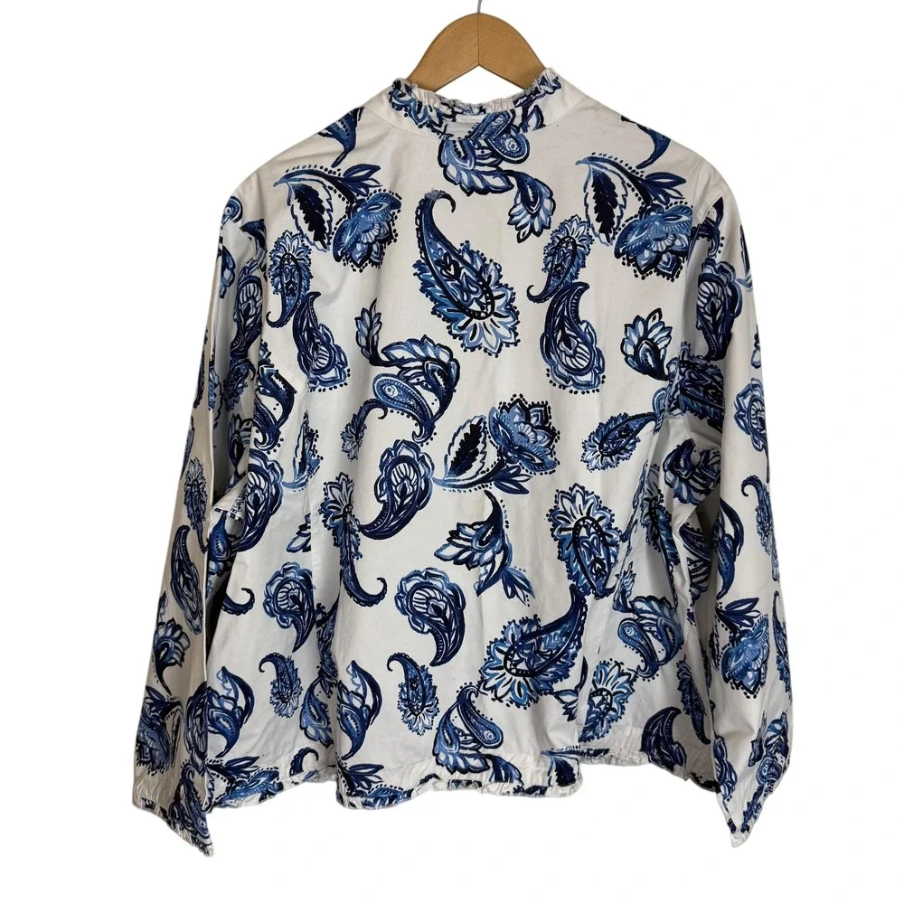 Appleseeds Blue White Paisley Ruffle Trim Open Front Jacket Womens Plus 3X - Picture 2 of 9